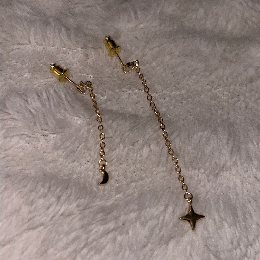 Gold Star and Moon Chain Earrings